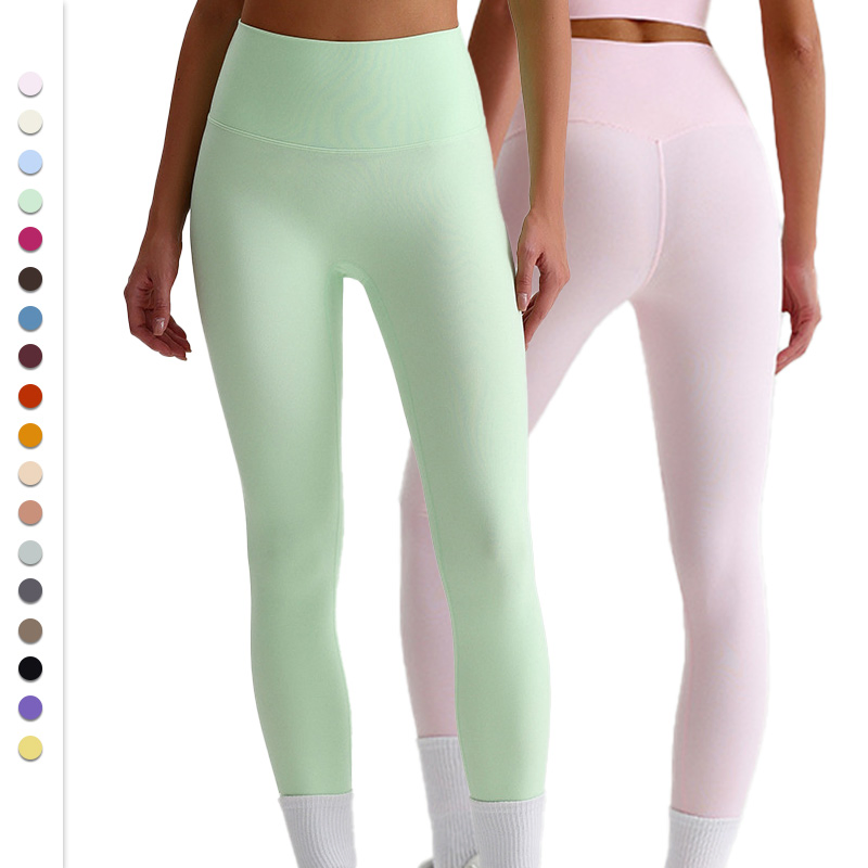 Pantalones de yoga desnudos europeos y americanos para mujeres sin líneas embarazosas, mallas de cintura alta que levantan las caderas, pantalones elásticos de pies pequeños para deportes y fitness