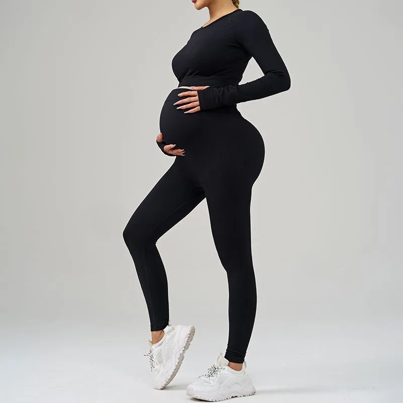 Conjunto de Yoga Maternidad Sin Costuras - Leggings de Cintura Alta con Soporte para el Vientre y Top de Entrenamiento Cómodo