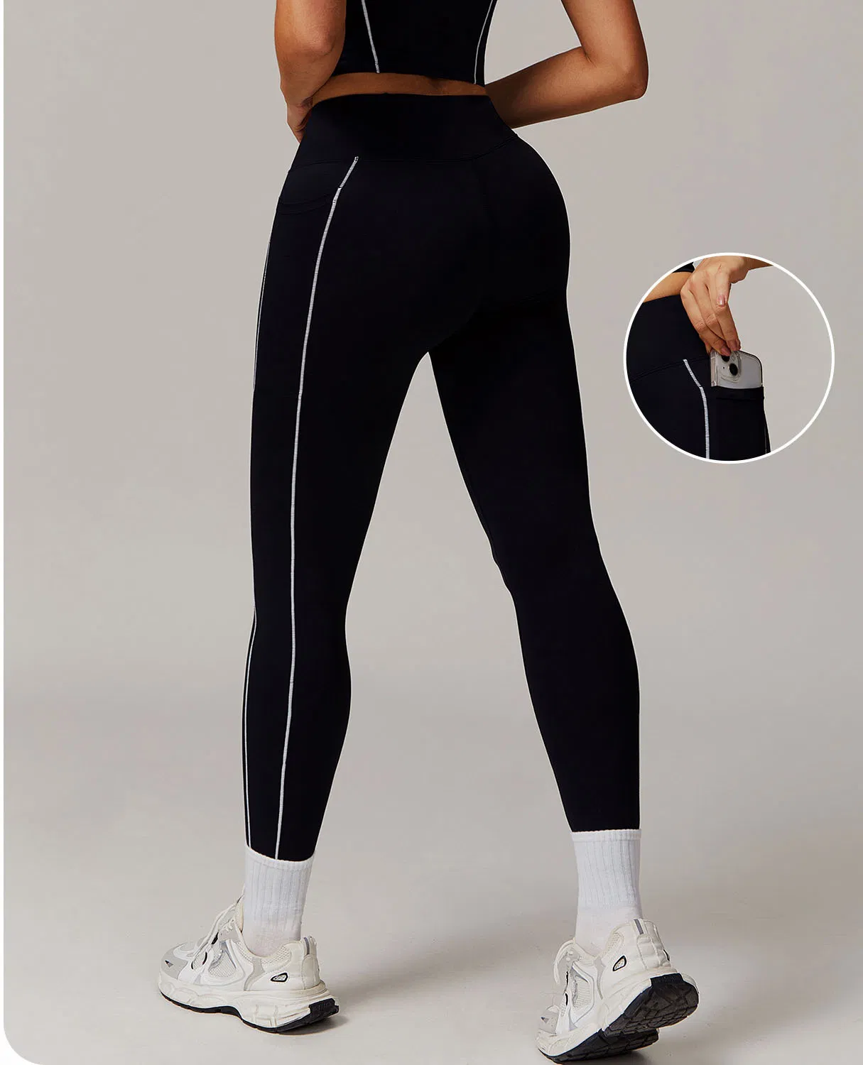 Pantalones de yoga de tiro alto con sensación desnuda y bolsillos en bloque de color personalizado - Mallas para correr y fitness para mujeres