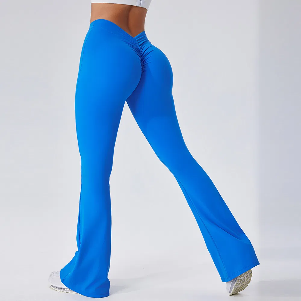 Pantalones de yoga de alta calidad con piernas acampanadas, transpirables, sólidos para mujeres de talla grande, cintura alta, cintura en forma de V, levantamiento de glúteos, leggings deportivos