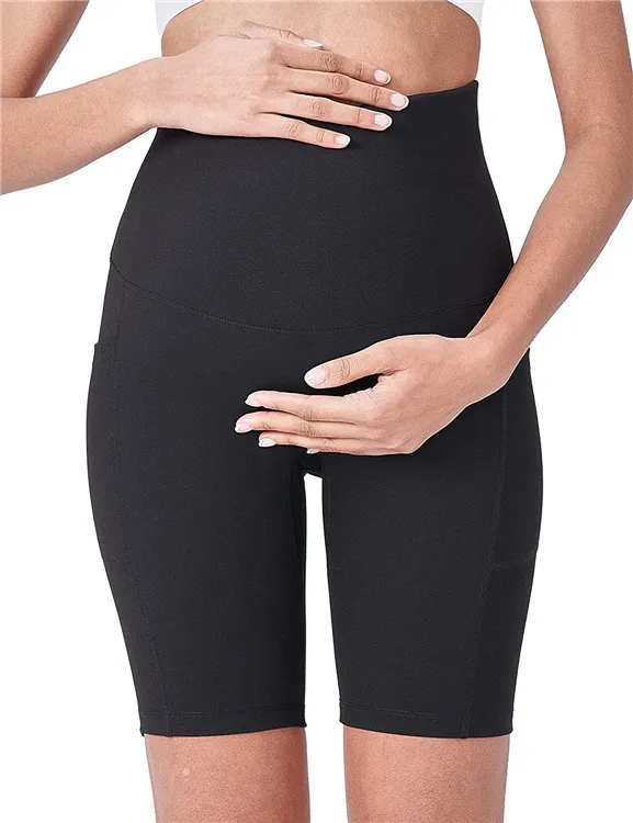 Shorts de yoga para maternidad sobre el vientre con bolsillos 5 Pantalones de entrenamiento activos
