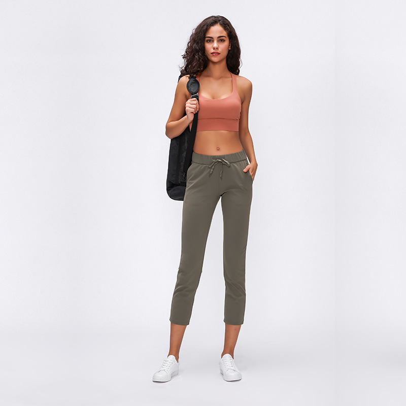 S2059 Mujeres Desnudas Sintiendo Pantalones Capri Deportivos de Tiro Alto con Cintura Ajustable y Bolsillos Laterales, Pantalones Básicos de Ejercicio Elásticos de Talla Grande