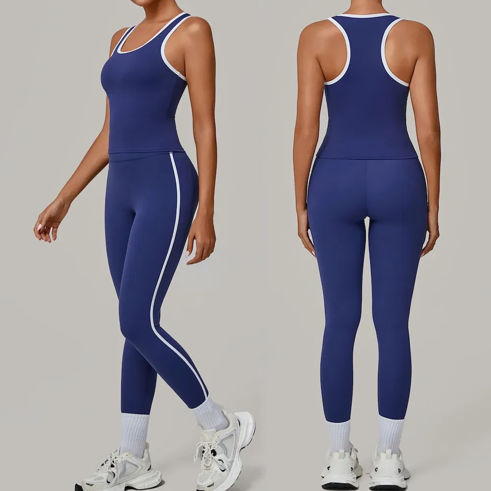 Nuevos Conjuntos de Ropa de Correr al Aire Libre con Diseño Elegante Ropa de Yoga para Mujeres, 2PCS Leggings de Correr de Cintura Alta con Bloqueo de Color + Chaleco Deportivo Conjunto de Ejercicio de Pilates
