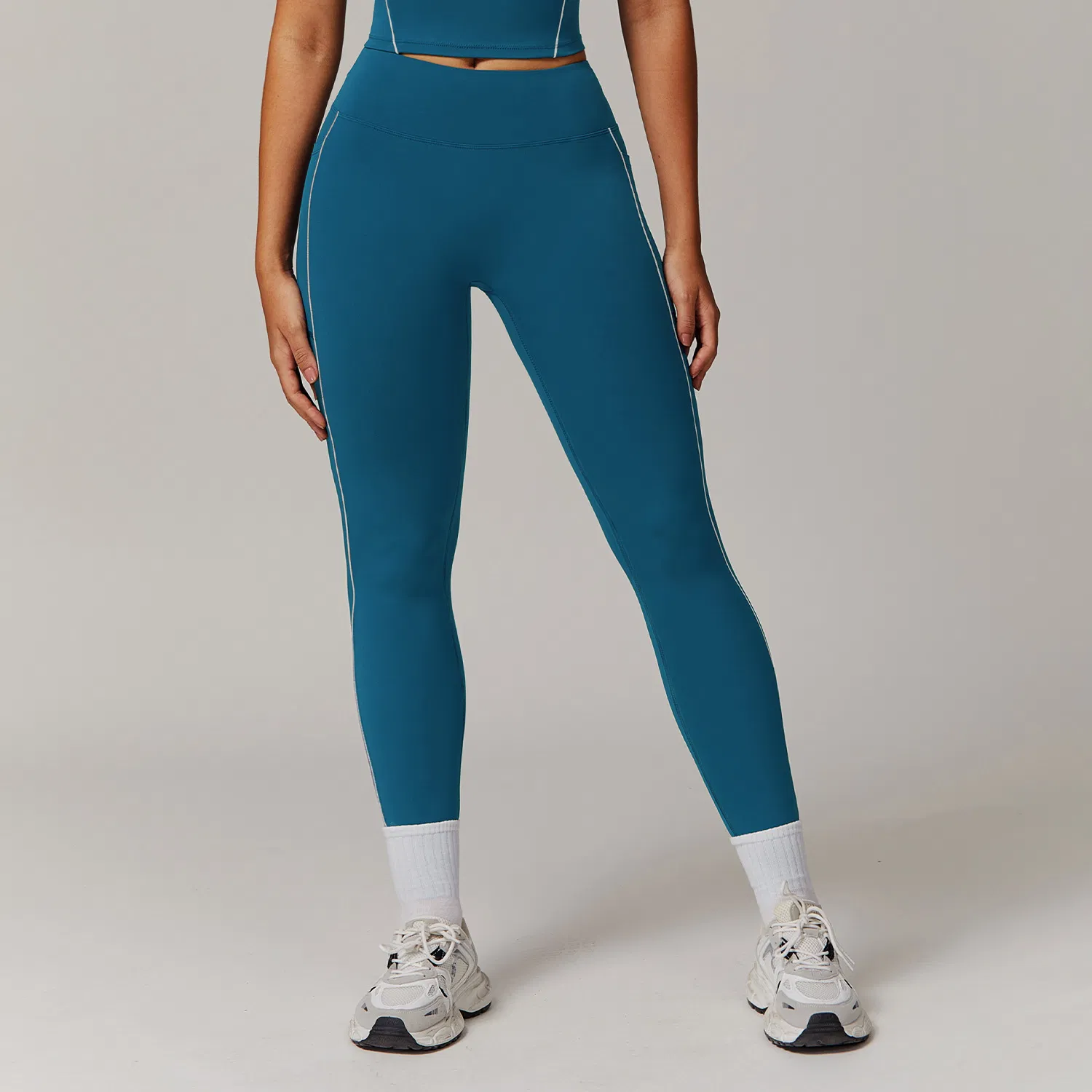 Pantalones de yoga de tiro alto con sensación desnuda y bolsillos en bloque de color personalizado - Mallas para correr y fitness para mujeres