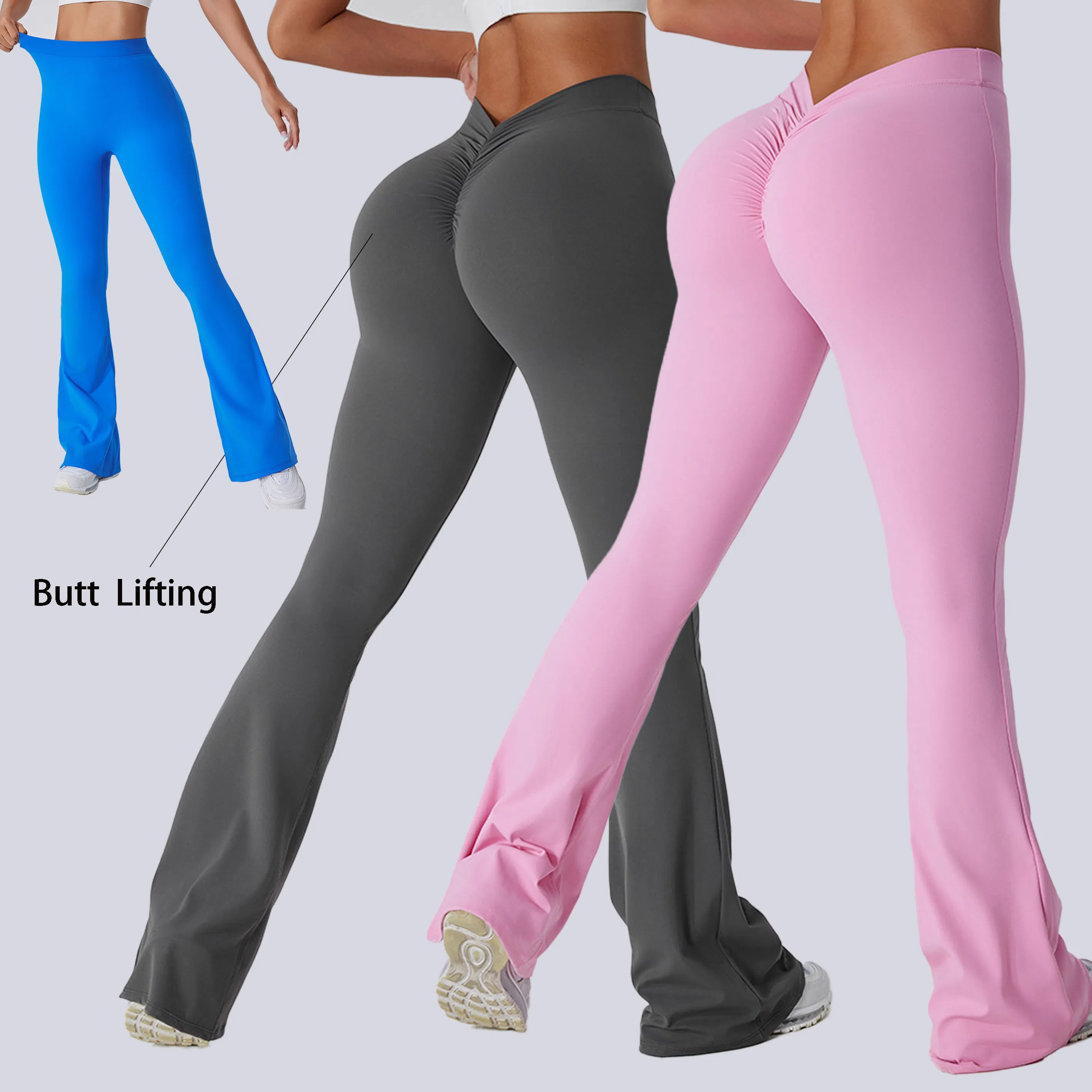 Pantalones de yoga de alta calidad con piernas acampanadas, transpirables, sólidos para mujeres de talla grande, cintura alta, cintura en forma de V, levantamiento de glúteos, leggings deportivos