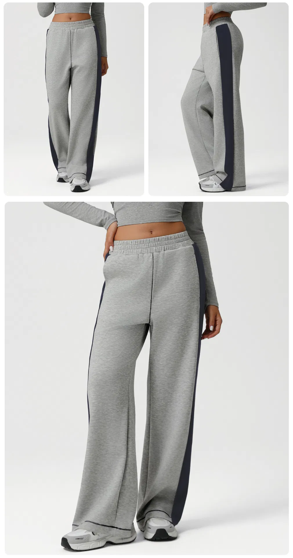 Pantalones de yoga de bloque de color de pierna ancha de cintura alta sueltos para mujer