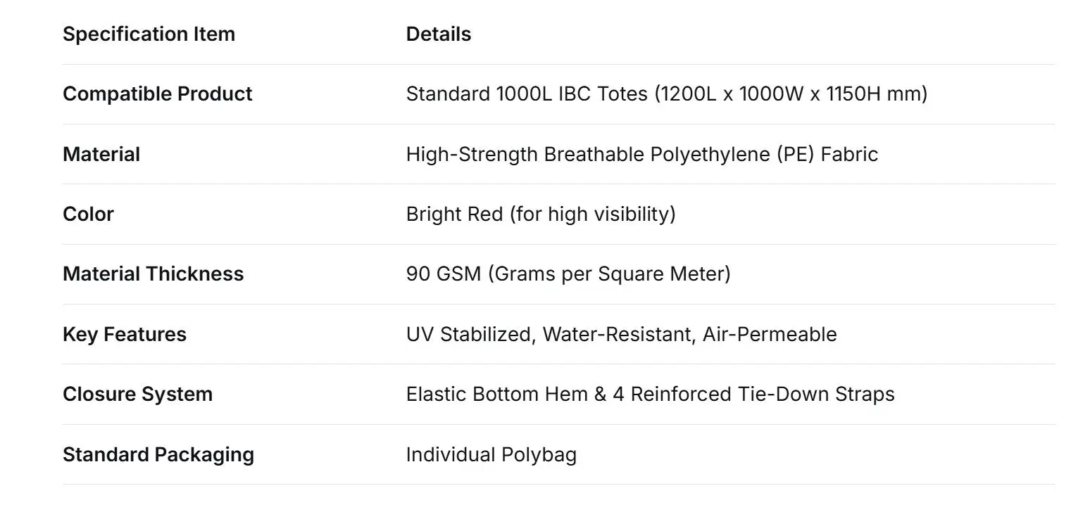 IBC Red Breathable Cover Specifications