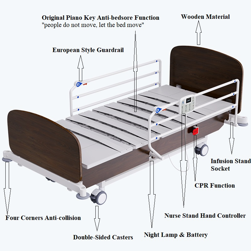Multifunction Electric Patient Medical Hospital Bed Wooden Nursing Bed with Wheels