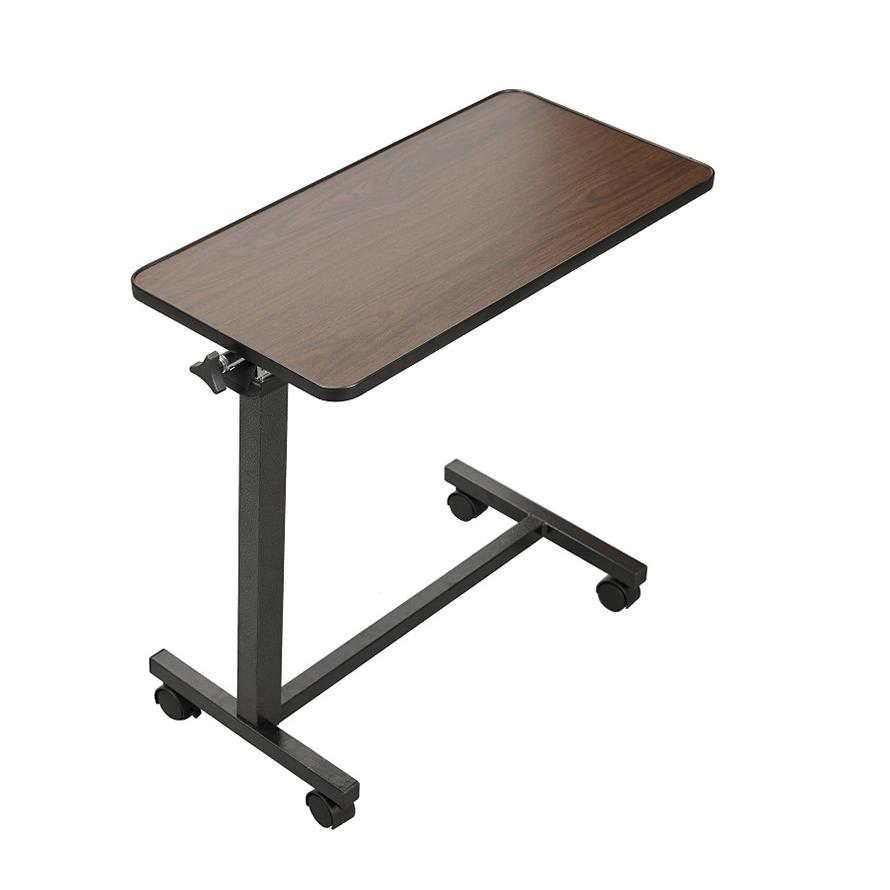Medical Grade Movable Overbed Table with Wooden Surface and Casters