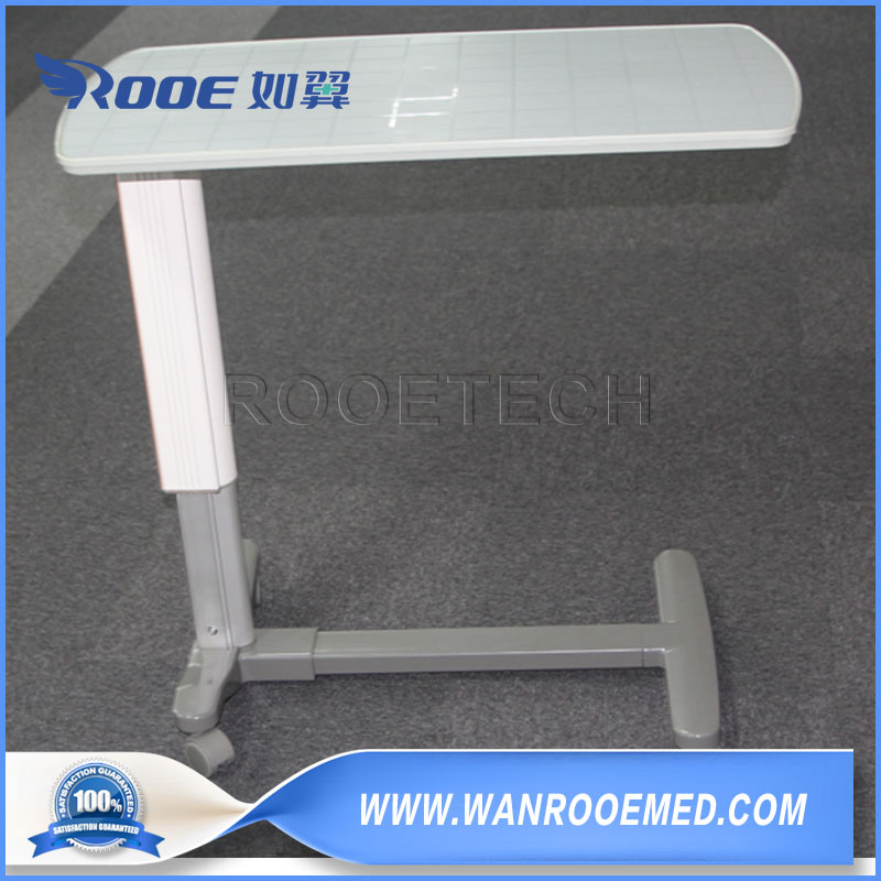 Medical Furniture Pneumatic Lifting Column Patient Overbed Table with Four Rotating Casters