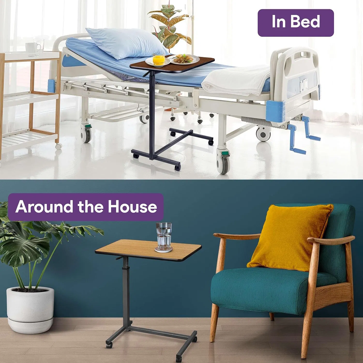 Hot Sale Modern Hospital Furniture Adjustable Overbed Table Mobile Dinner Table with Wheels Use in Hospital