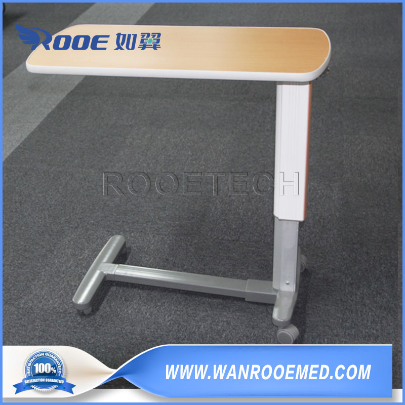 Medical Furniture Pneumatic Lifting Column Patient Overbed Table with Four Rotating Casters
