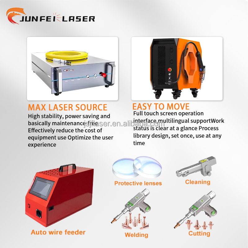 JUNFEI 3 in 1 Welding Laser Machines 1000W 1500W Raycus Laser Source Fast Than Tig Auto Wire Feeder for Welder Cutter Cleaner