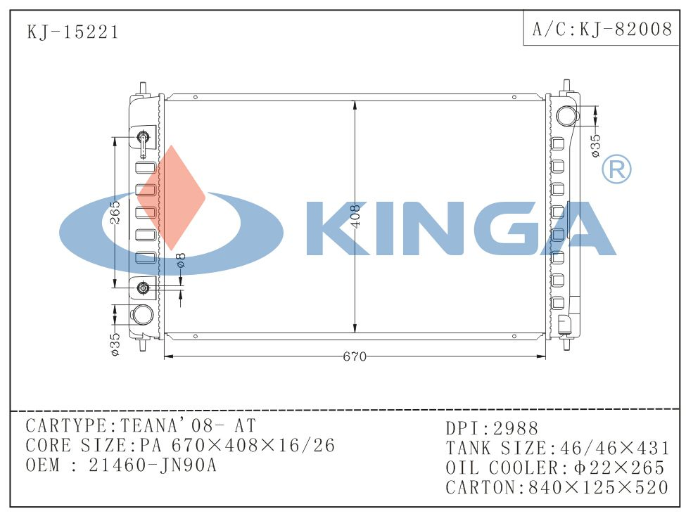 Efficient Cooling Radiator for Nissan Tenna 2008 OEM 21460-Jn90A
