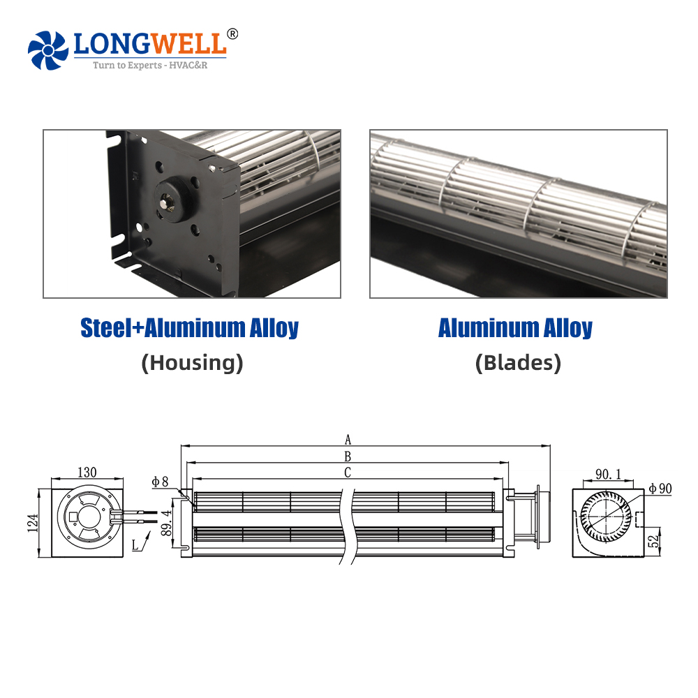LONGWELL EC Tangential Fans 90mm 0-10V PWM Speed Control Cross Flow Fan 376~932CFM Ventilator For HVAC System Wholesale Supplier