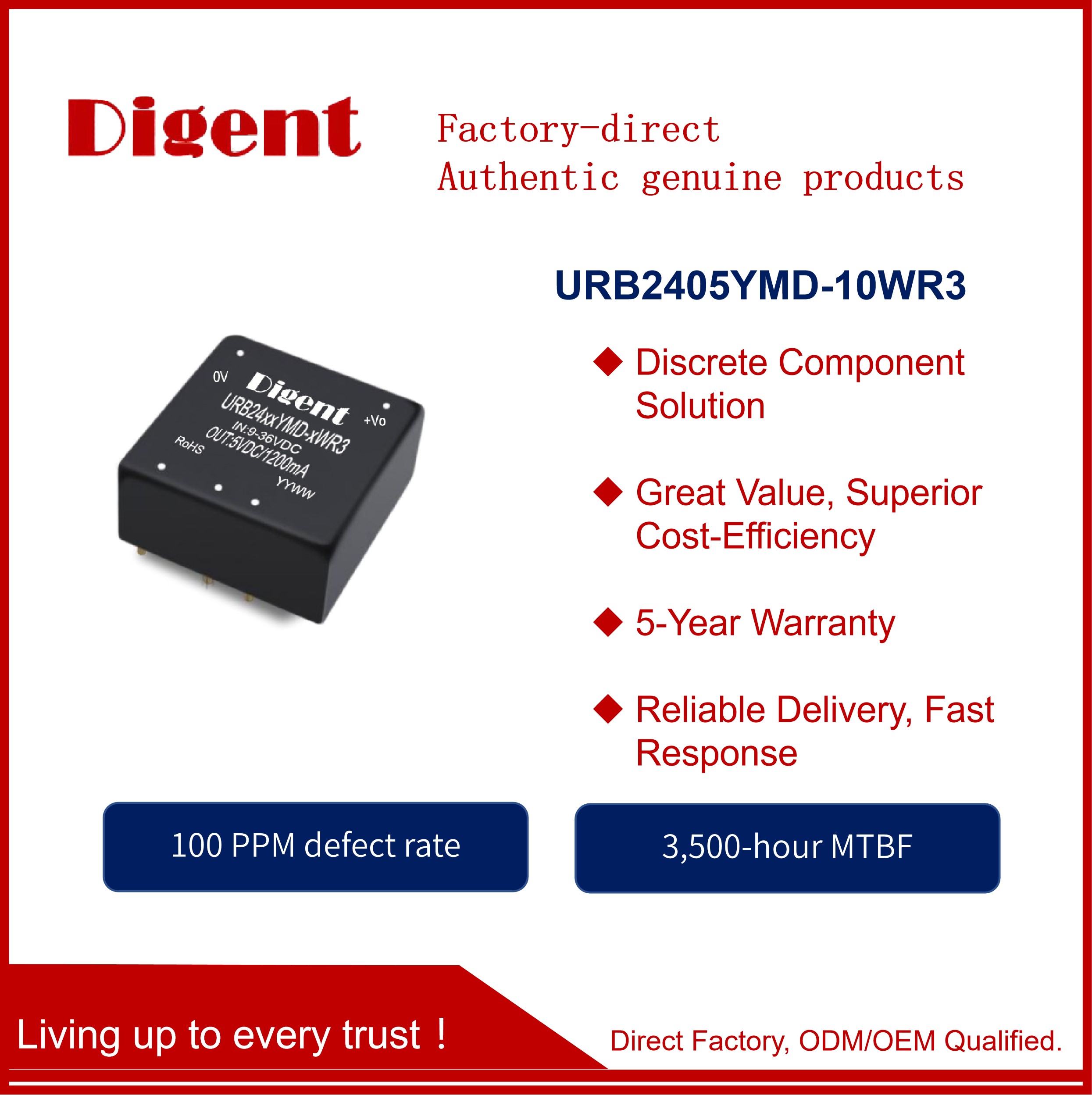 10W Digent DC-DC Converters,1500VDC URB2405YMD-10WR3 Ultra-Wide Voltage Input , Unregulated Double Output