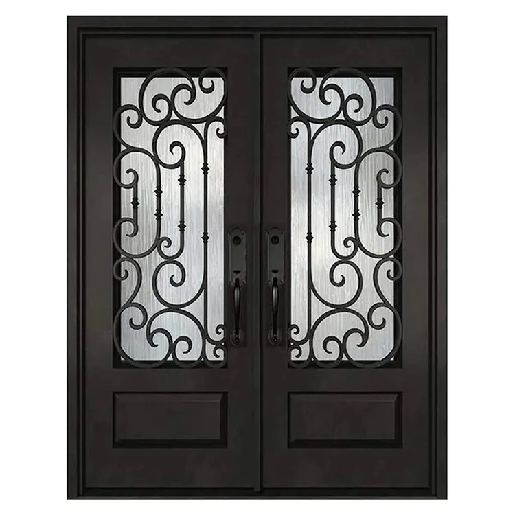 Cbmmart Modern Exterior Metal Double Door Design Luxury French Black Wrought Iron Storm Security Front Entry Doors