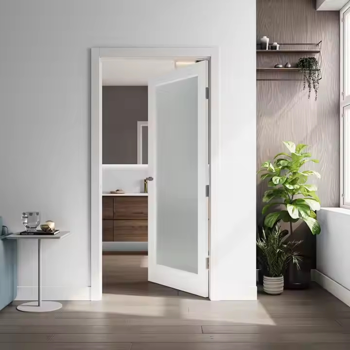 1-Lite Solid Core Clear Glass Shaker White Primed Wood Door Slab White Primed Interior Sliding Pocket Doors with Hardware