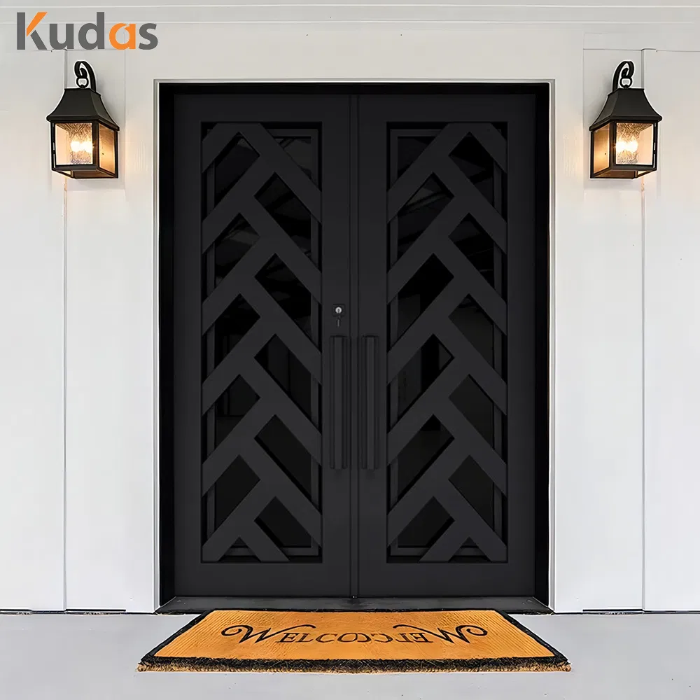 Exterior Metal Double Door Black Wrought Iron Storm Security Front Entry Doors