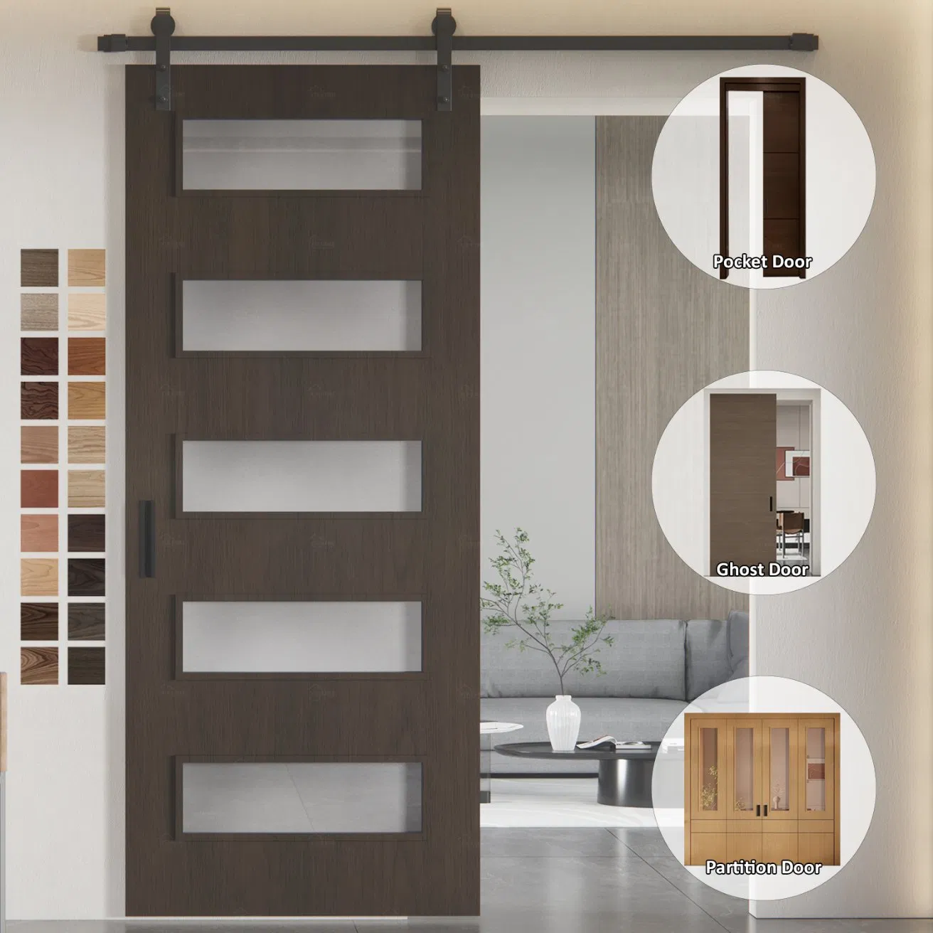 Yohome 5 Year Warranty Hot Sales French Style Glazed Slide Barn Door for Living Room Bath Room Interior Shower Kitchen
