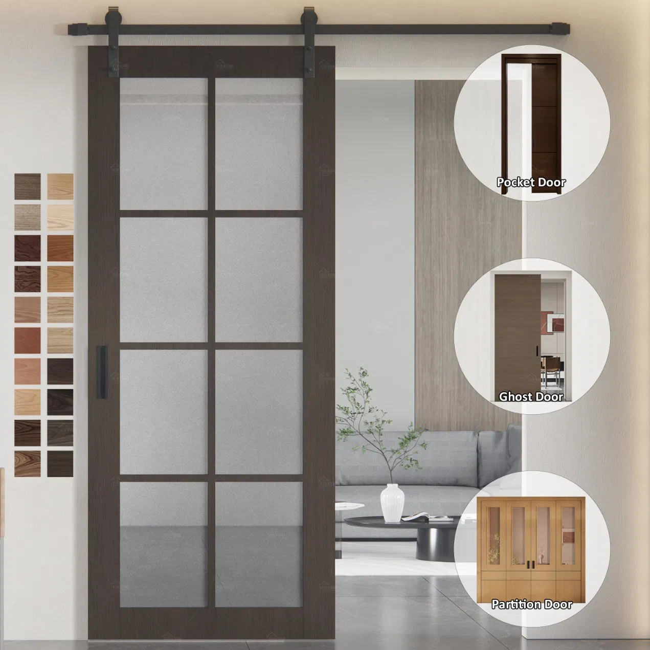 Yohome 5 Year Warranty Hot Sales French Style Glazed Slide Barn Door for Living Room Bath Room Interior Shower Kitchen