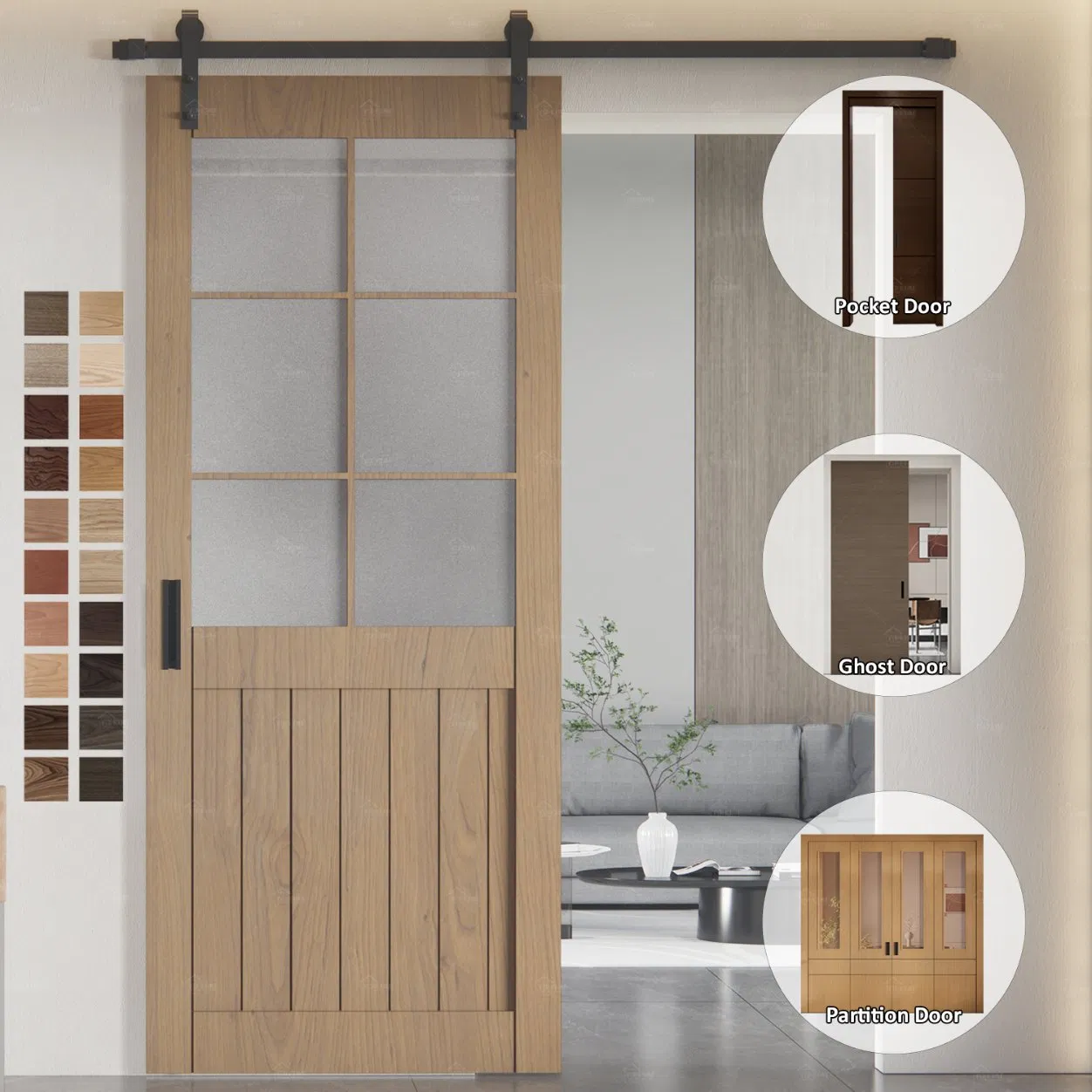 Yohome 5 Year Warranty Hot Sales French Style Glazed Slide Barn Door for Living Room Bath Room Interior Shower Kitchen