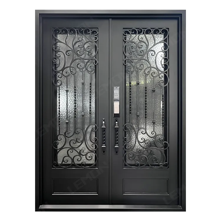 Cbmmart Modern Exterior Metal Double Door Design Luxury French Black Wrought Iron Storm Security Front Entry Doors
