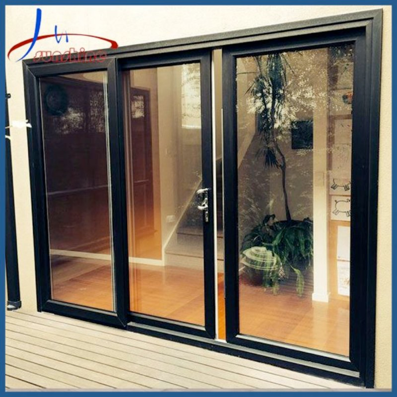 Black Color Patio Door Triple Rail Aluminum Double Glass Sliding Door with Mosquito Net