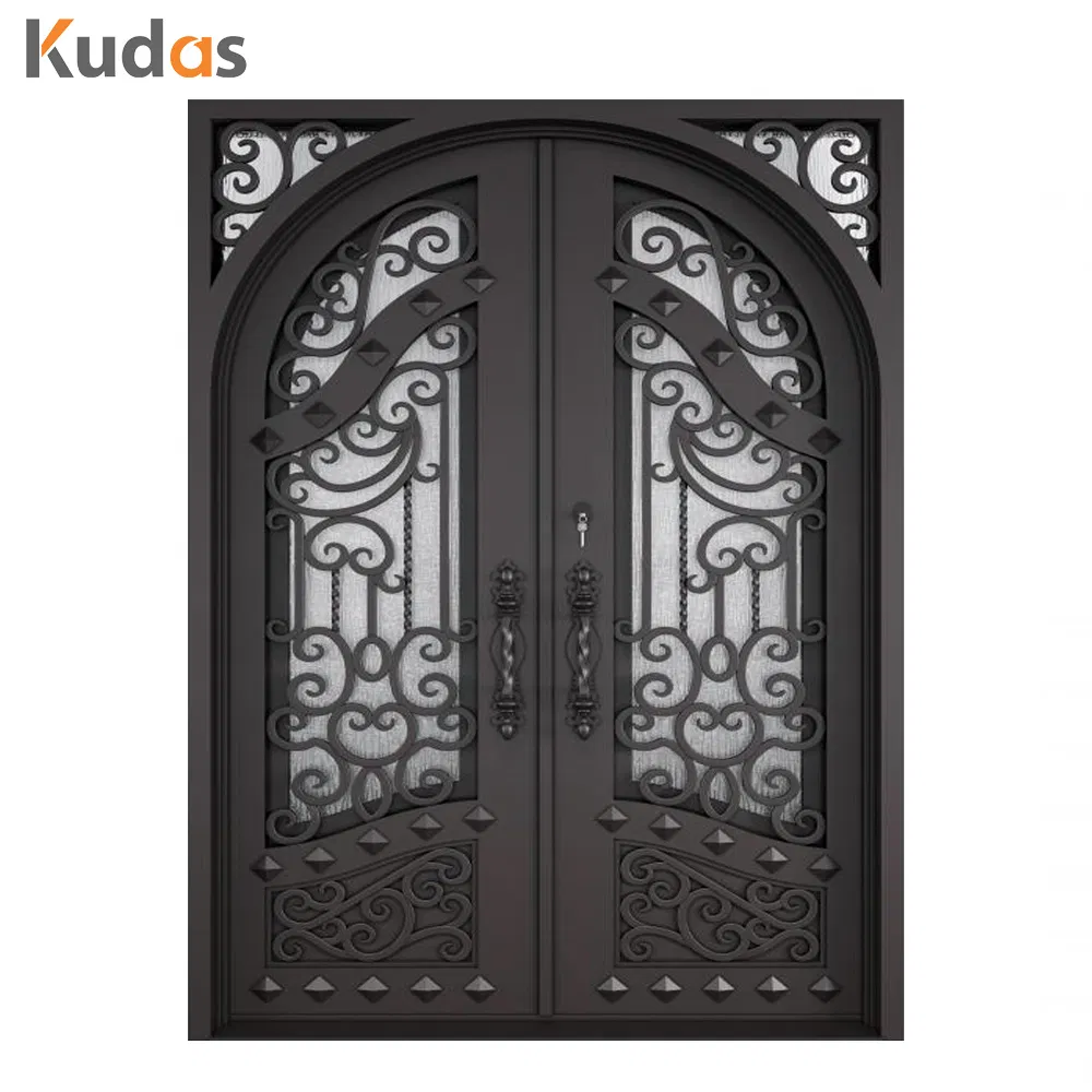 Exterior Metal Double Door Black Wrought Iron Storm Security Front Entry Doors
