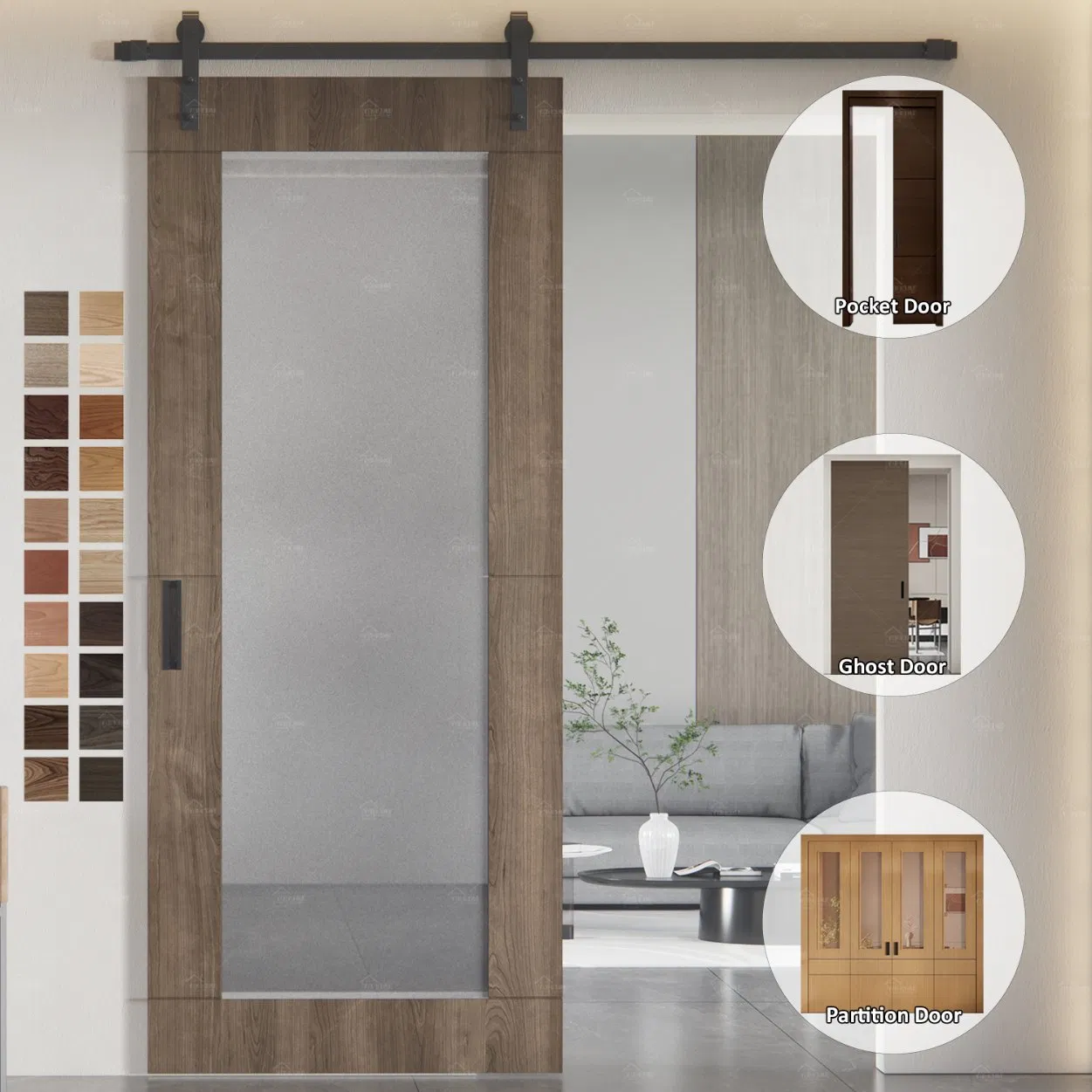 Yohome 5 Year Warranty Hot Sales French Style Glazed Slide Barn Door for Living Room Bath Room Interior Shower Kitchen
