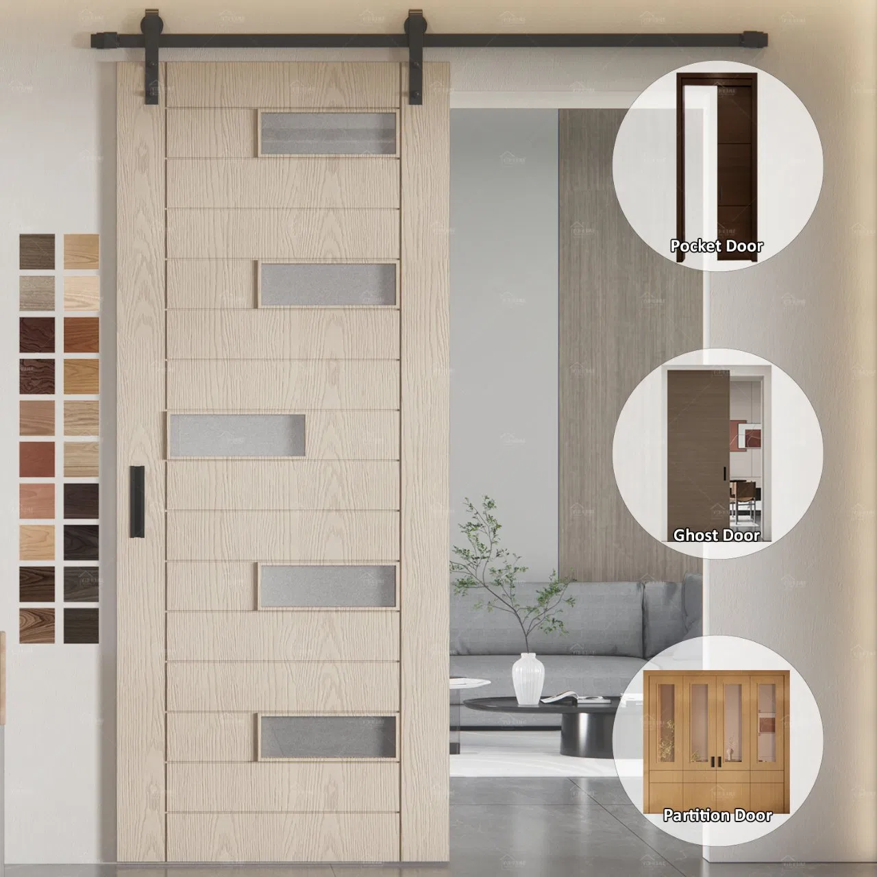 Yohome 5 Year Warranty Hot Sales French Style Glazed Slide Barn Door for Living Room Bath Room Interior Shower Kitchen