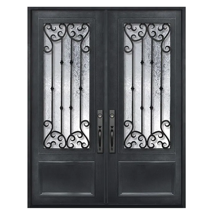 Cbmmart Modern Exterior Metal Double Door Design Luxury French Black Wrought Iron Storm Security Front Entry Doors