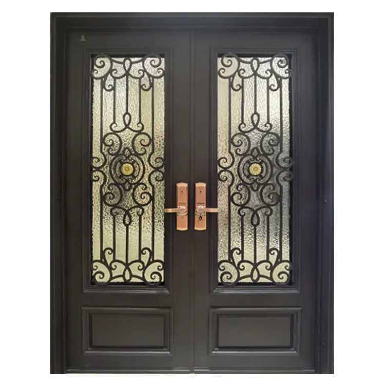Cbmmart Modern Exterior Metal Double Door Design Luxury French Black Wrought Iron Storm Security Front Entry Doors