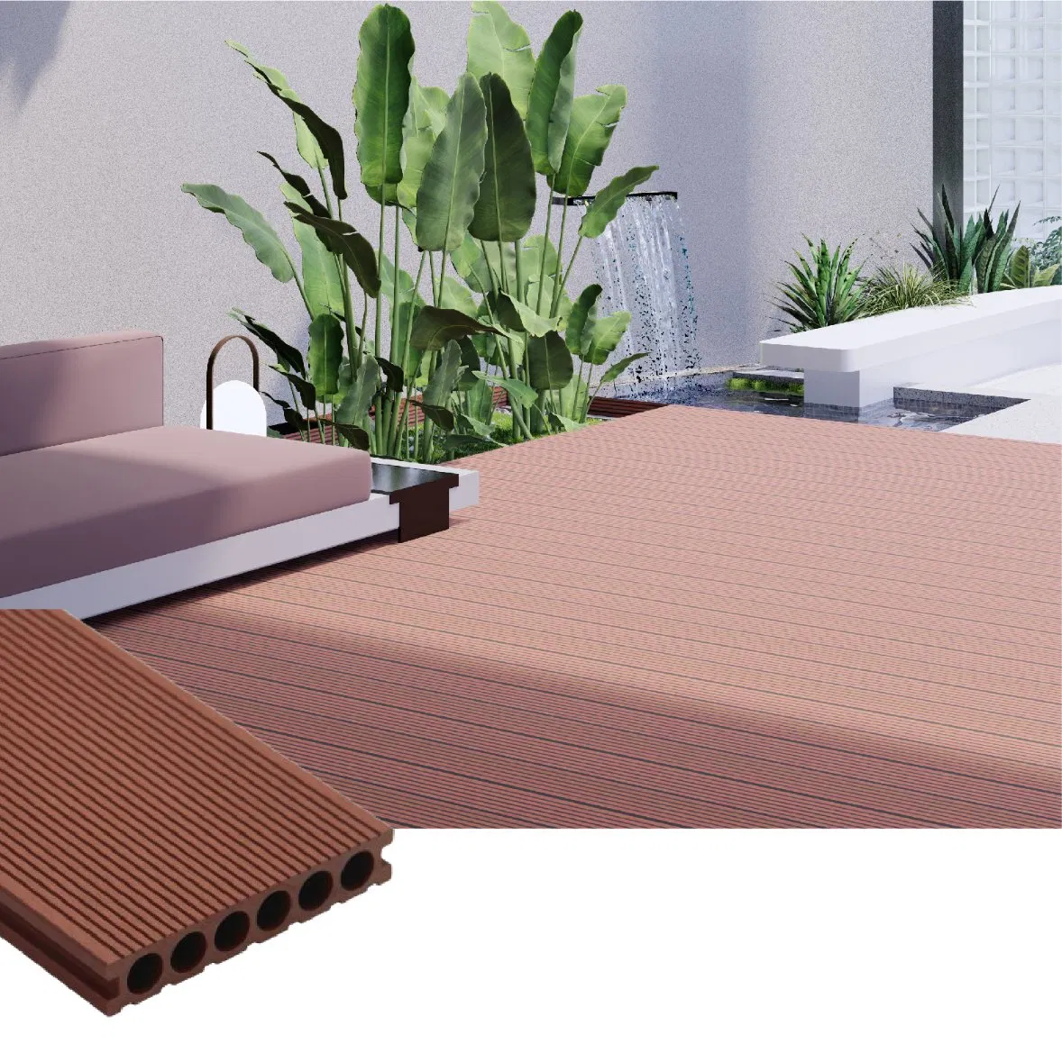 140X25mm Hollow WPC Decking Brushed Surface Waterproof for Commercial Project