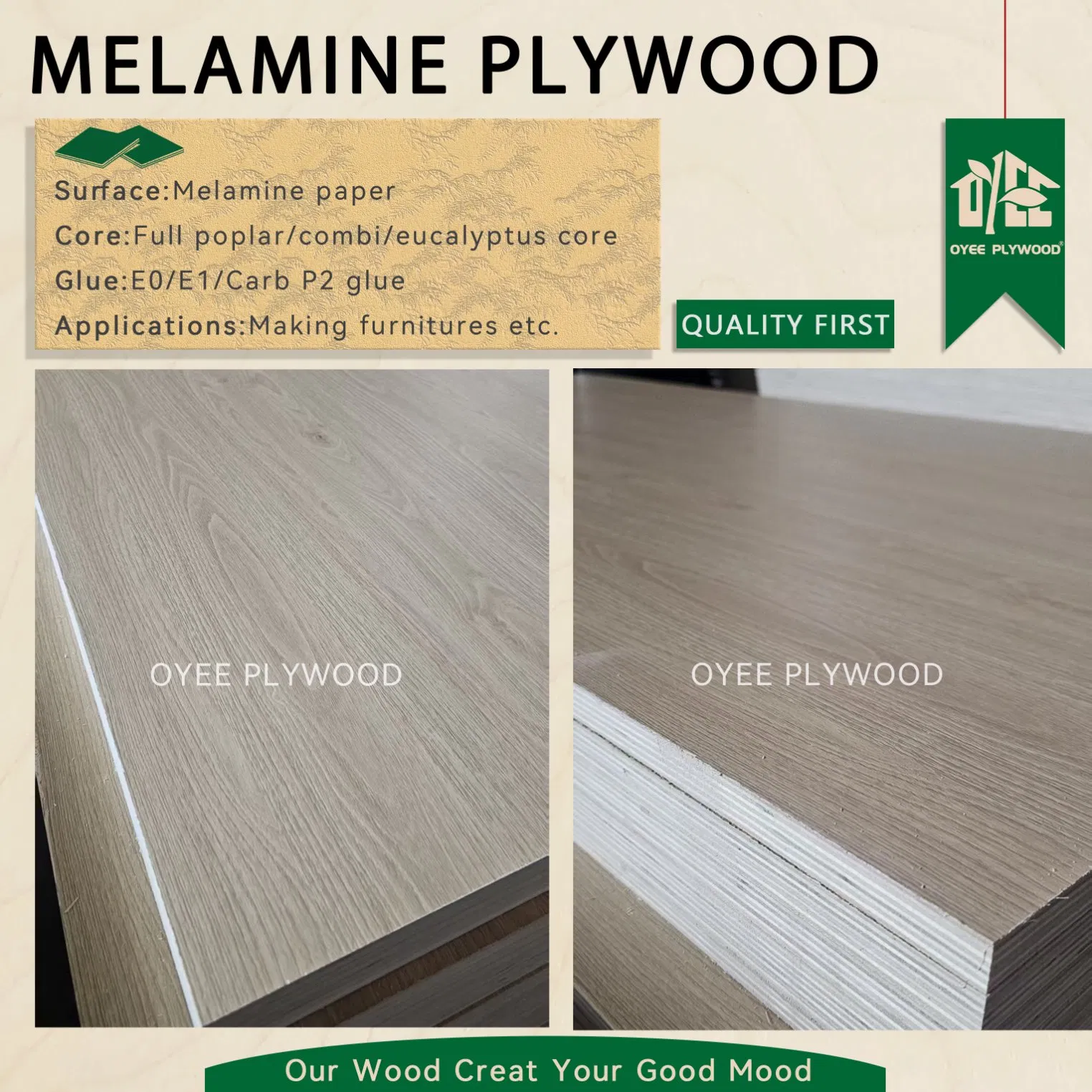 China Plywood Suppiler Best Price1220*2440mm Melamine/Laminate Plywood with Solid Color or Wood Grain for Cabinet and Furniture