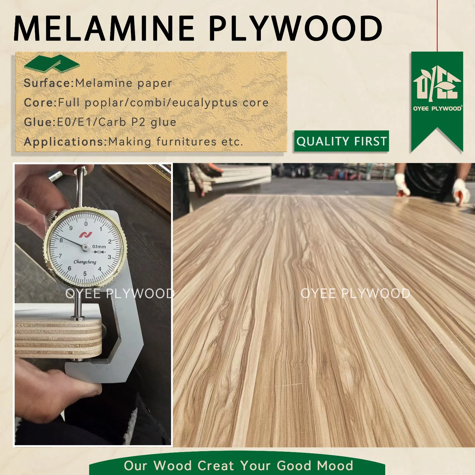 China Plywood Suppiler Best Price1220*2440mm Melamine/Laminate Plywood with Solid Color or Wood Grain for Cabinet and Furniture