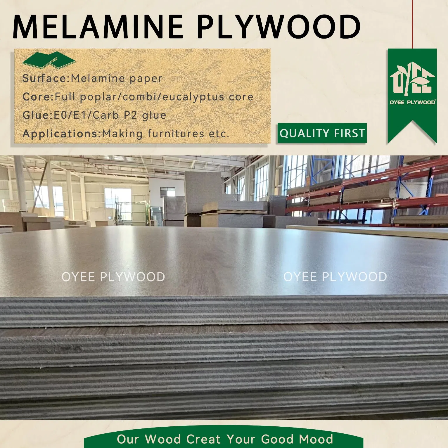 China Plywood Suppiler Best Price1220*2440mm Melamine/Laminate Plywood with Solid Color or Wood Grain for Cabinet and Furniture