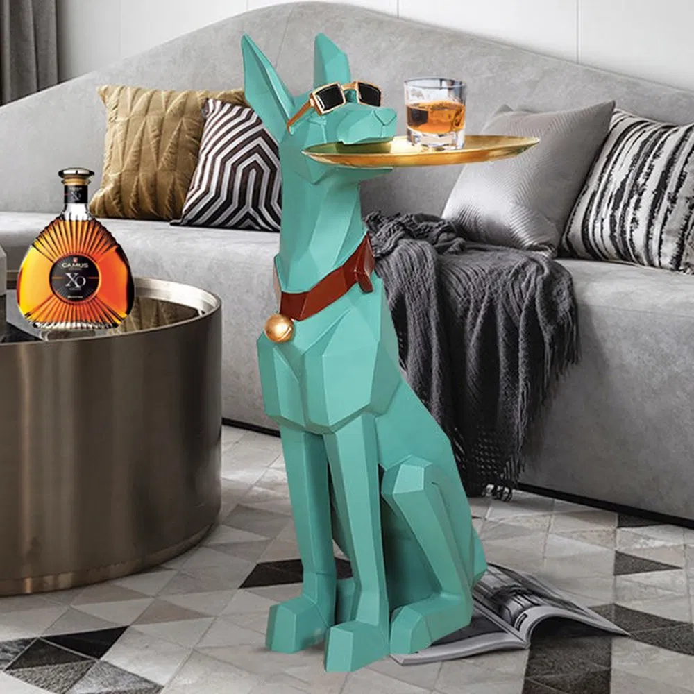 Resin Life Size Geometric Animal Sculpture Doberman Tray Dog Statue with Tray