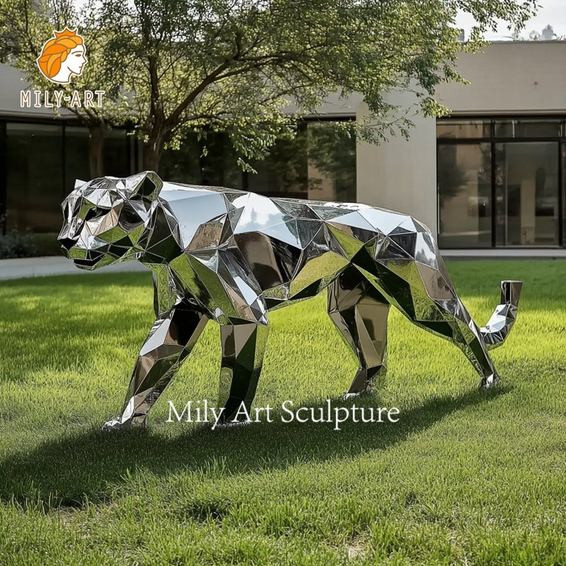 Outdoor Lawn Life Size Geometric Silver Stainless Steel Cheetah Statue