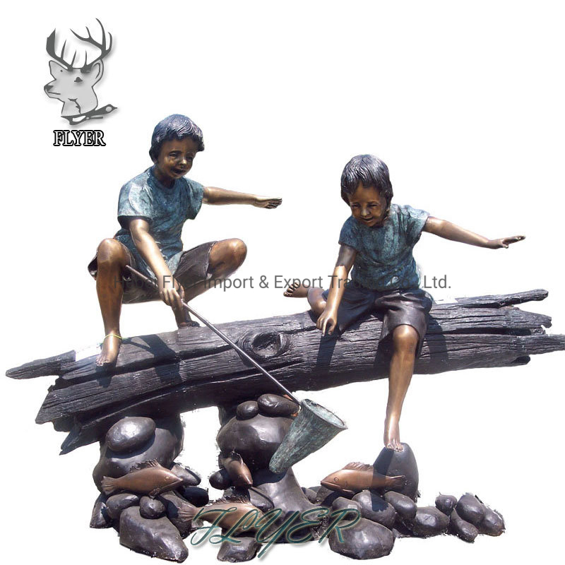 Garden Sculpture Life Size Bronze Children Sculptures Statue Boys Fishing Sculpture