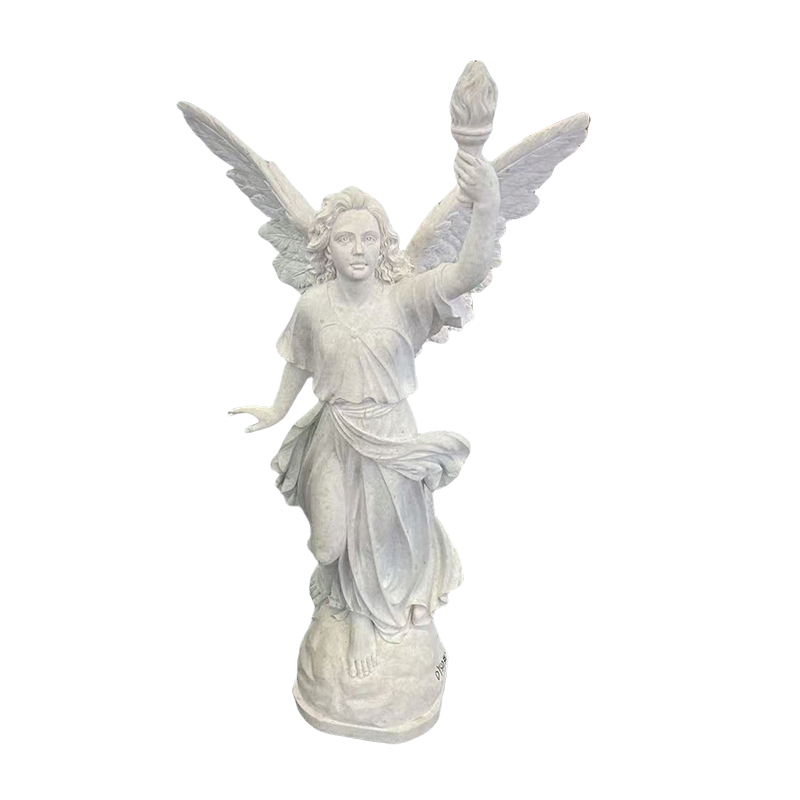 Handcrafted White Marble Angel Statue with Torch Winged Victory for Garden Home