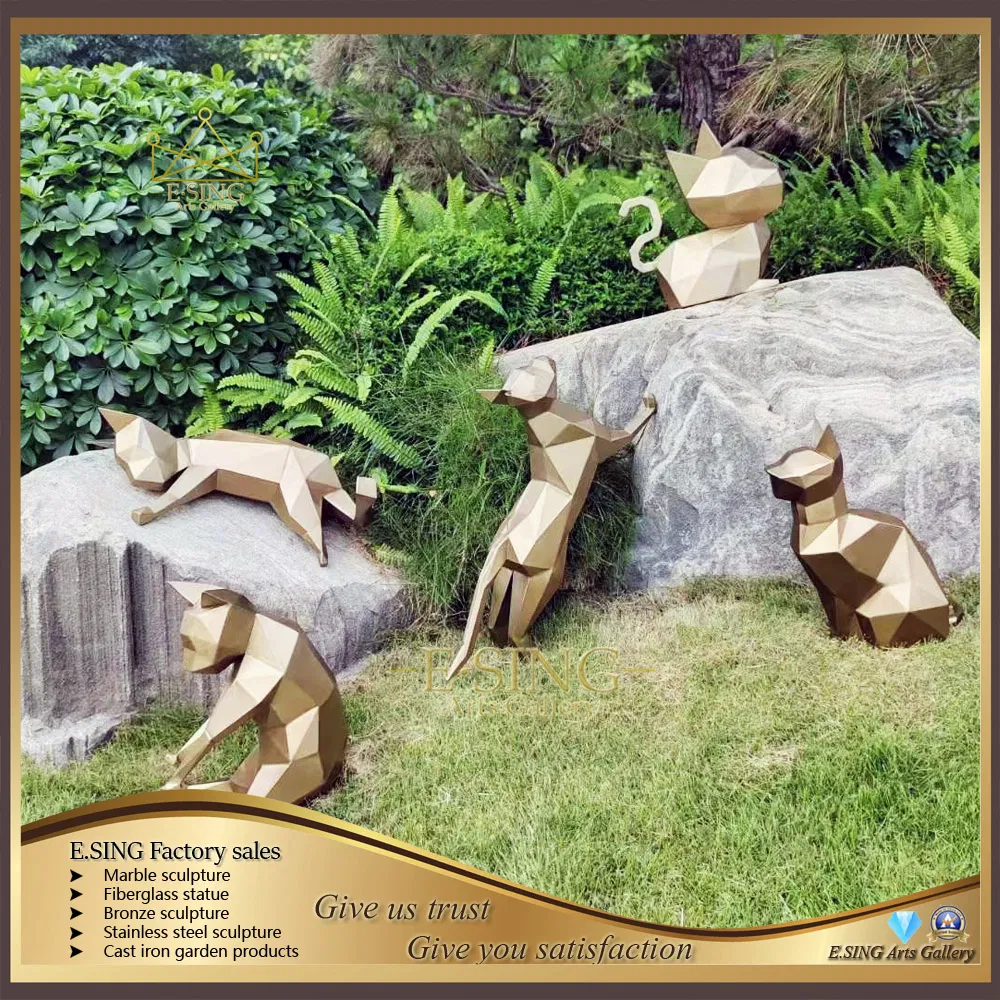 Stainless Steel Animal Sculpture Geometric Multi Faceted Cat Statue