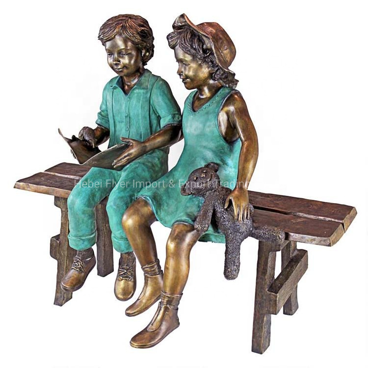 Outdoor Yard Decoration Custom Antique Casting Life Size Metal Children Statue Bronze Girl and Boy Reading Sculpture