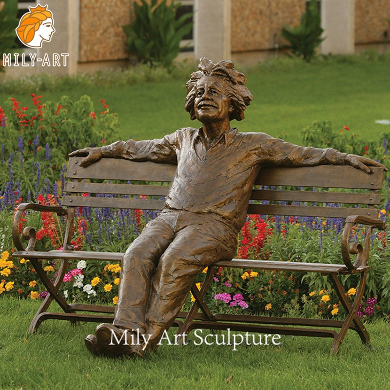 Hand Cast Custom Figure Statue Outdoor Life Size Bronze Albert Einstein Sitting on a Bench Sculpture