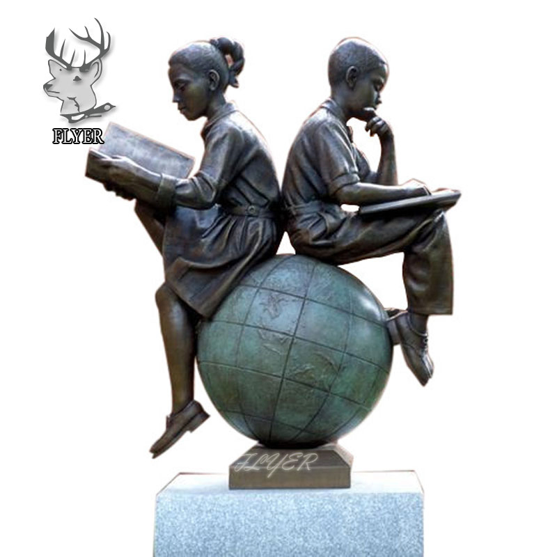 Outdoor Yard Decoration Custom Antique Casting Life Size Metal Children Statue Bronze Girl and Boy Reading Sculpture