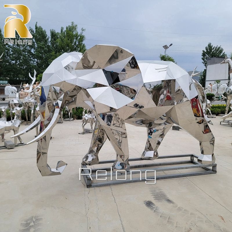 Life Size Polished Geometric Stainless Steel Elephant Animal Statue for Sale