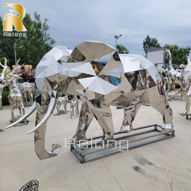 Life Size Polished Geometric Stainless Steel Elephant Animal Statue for Sale