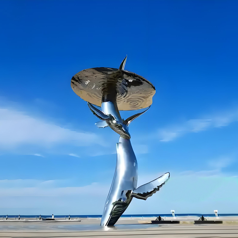 Custom Large Mirror-Finish Stainless Steel Sculptures - Openwork Whale &amp; Dolphin Marine Art for Commercial Streetscapes - Weatherproof Outdoor Landmark Installa