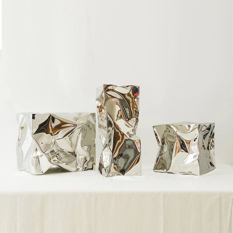 Modern Abstract Metal Sculpture - Handcrafted Geometric Mirror Polished Stainless Steel Art Piece for Indoor Decor Contemporary Office &amp; Home Sculpture