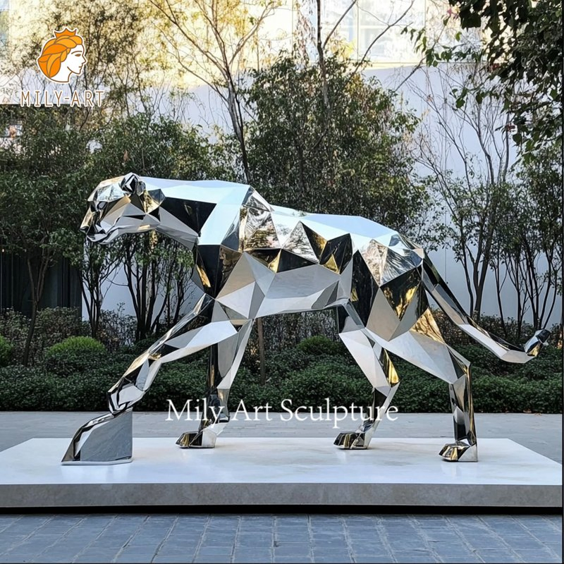 Outdoor Lawn Life Size Geometric Silver Stainless Steel Cheetah Statue
